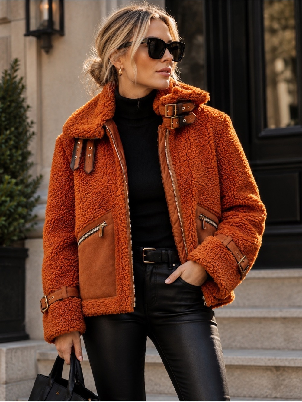 Jonathan Simkhai Standard Amira Aviator Sherpa Jacket Copper Teddy XS